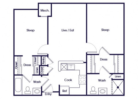 Floor plan for 2 beds, 2 baths, 894 sqft